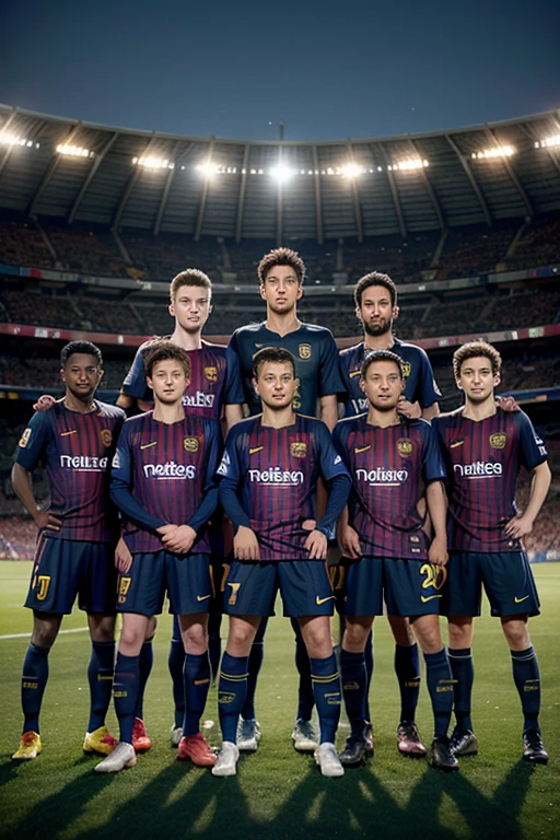 Create a squad of 11 soccer players wearing the Barcelona uniform