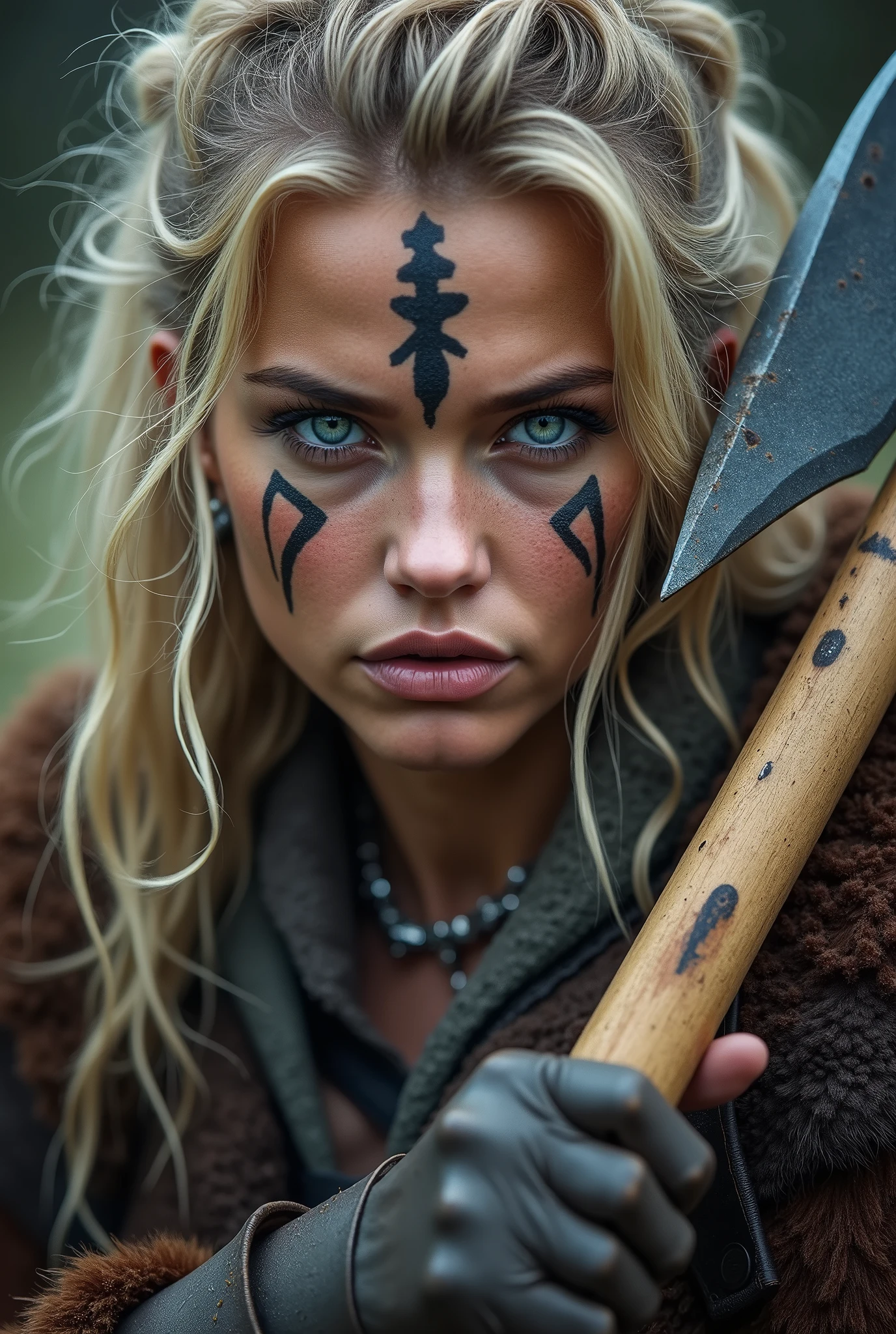 Face of a Viking warrior with an axe in her hand, blue colored eyes, pretty, blonde, with viking makeup, gun close to the face