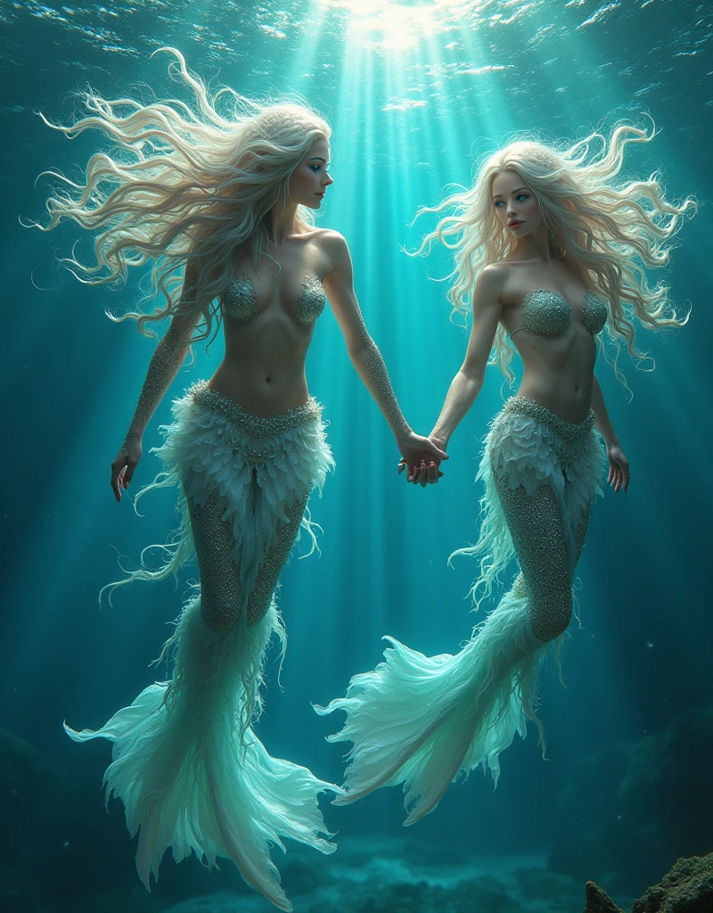 (masterpiece,Distinguished Quality,Mirror-like,Cinematic Experience,insanely detailed,absurdres),8k,full image shot),(2 females),(Emerging from the shimmering, iridescent depths of an enchanted ocean, a mesmerizing siren rises, ,8k,(2 females),(Emerging from the shimmering, iridescent depths of an enchanted ocean, a mesmerizing siren, luminous, pearlescent skin glistening with dew, long, flowing hair a wild tangle of seaweed and glittering, gemstone-encrusted locks, as her piercing, aquamarine eyes gleam with an otherworldly allure, and her shimmering, crystalline tail glimmers with a soft, ethereal light, beckoning sailors to their doom with a haunting, melodic song that echoes through the mystical, moonlit waves, Imagine the captivating, underwater scene!