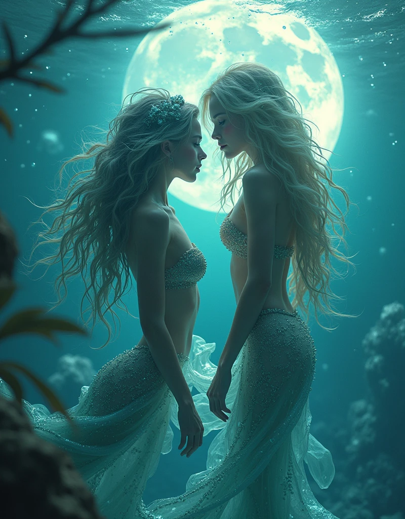 (masterpiece,Distinguished Quality,Mirror-like,Cinematic Experience,insanely detailed,absurdres),8k,full image shot),(2 females),(Emerging from the shimmering, iridescent depths of an enchanted ocean, a mesmerizing siren rises, ,8k,(2 females),(Emerging from the shimmering, iridescent depths of an enchanted ocean, a mesmerizing siren, luminous, pearlescent skin glistening with dew, long, flowing hair a wild tangle of seaweed and glittering, gemstone-encrusted locks, as her piercing, aquamarine eyes gleam with an otherworldly allure, and her shimmering, crystalline tail glimmers with a soft, ethereal light, beckoning sailors to their doom with a haunting, melodic song that echoes through the mystical, moonlit waves, Imagine the captivating, underwater scene!