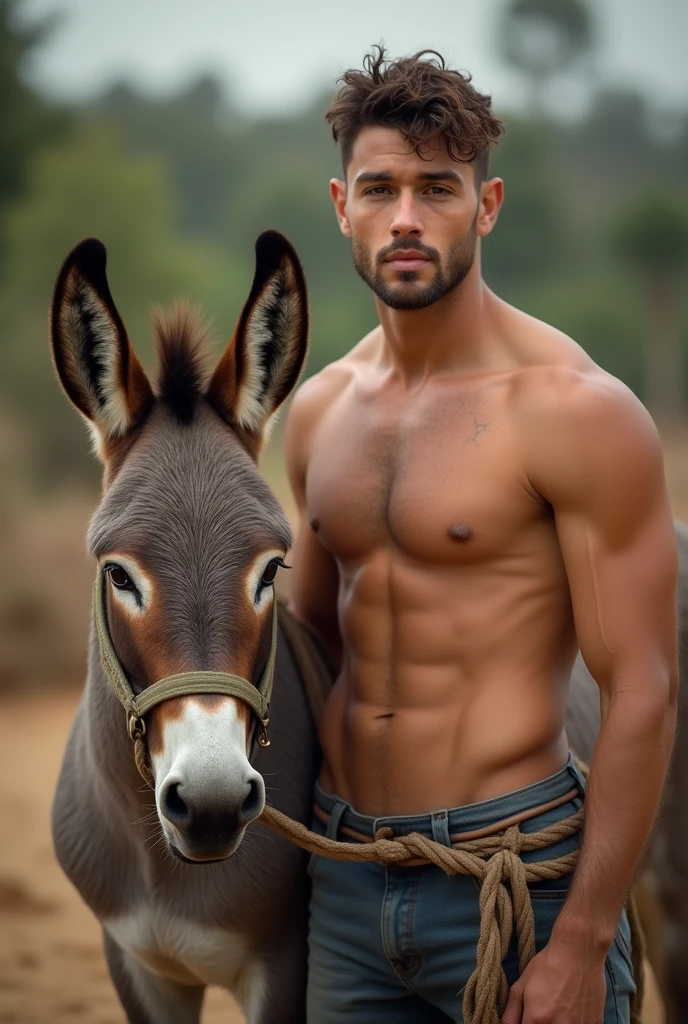 Young cute handsome beautiful 2 beardless taking perfect face next to him a donkey on the rope on a farm shirtless 