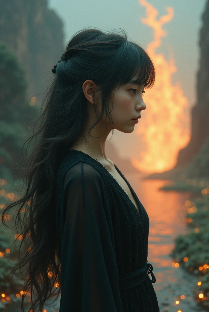 A girl with black hair and brown bangs. In the flames far away from hell