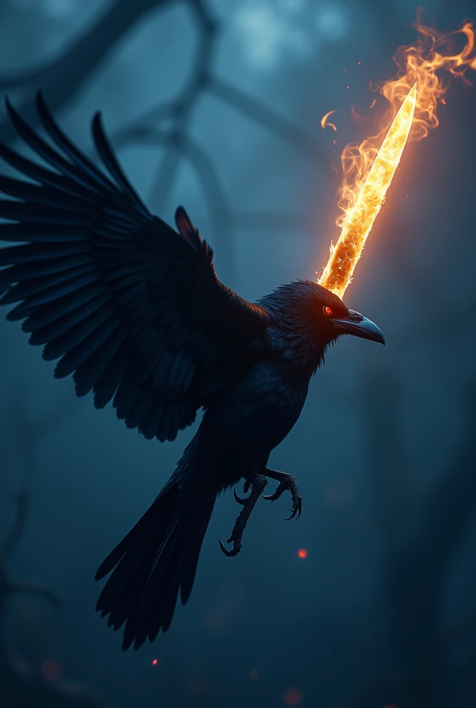 On a Prussian blue background there is a black raven flying and a flaming dagger piercing the raven.
