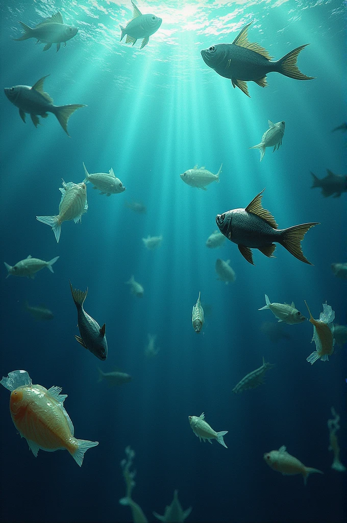 The sea is full of floating plastic bags, with fish and sea animals trapped in them.