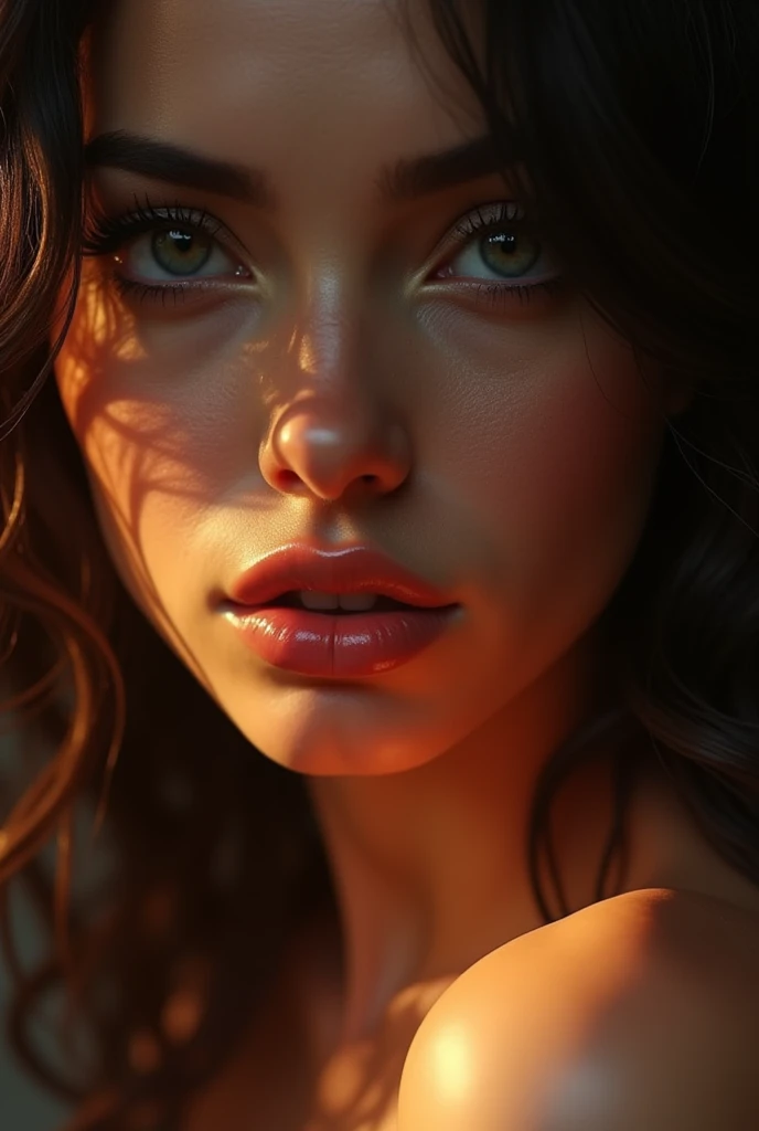 A ravishing vision: a stunning woman posing seductively, her features rendered in exquisite detail. Her eyes, a masterpiece of craftsmanship, sparkle with sultry intensity, framed by luscious eyelashes. Her lips, plump and inviting, curve into a sensual expression, as if beckoning the viewer closer. The dramatic lighting casts deep shadows, accentuating the contours of her face, bathed in a warm color palette reminiscent of Old Masters' paintings. The volumetric lighting creates an almost three-dimensional effect, drawing the viewer deeper into the cinematic atmosphere. With 8K photorealism and painterly brushstrokes, this image is a true masterpiece.