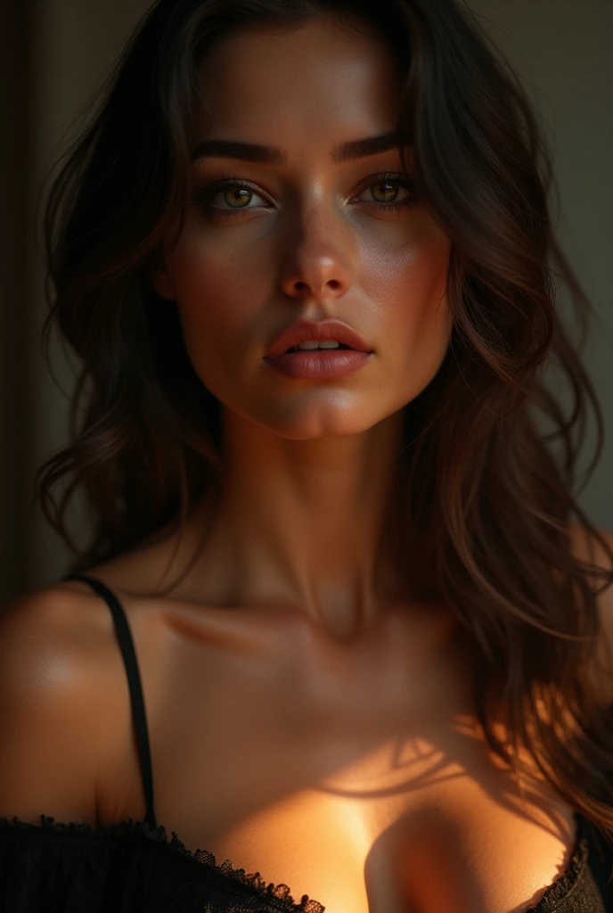 A ravishing vision: a stunning woman posing seductively, her features rendered in exquisite detail. Her eyes, a masterpiece of craftsmanship, sparkle with sultry intensity, framed by luscious eyelashes. Her lips, plump and inviting, curve into a sensual expression, as if beckoning the viewer closer. The dramatic lighting casts deep shadows, accentuating the contours of her face, bathed in a warm color palette reminiscent of Old Masters' paintings. The volumetric lighting creates an almost three-dimensional effect, drawing the viewer deeper into the cinematic atmosphere. With 8K photorealism and painterly brushstrokes, this image is a true masterpiece.