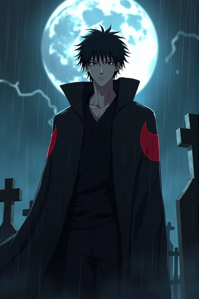 White guy, with black eyes, short curly hair, dressed in an Akatsuki costume from Naruto Shippuden, in a dark cemetery with a full moon, raining and lightning, very handsome and attractive approximately 40 years old. 