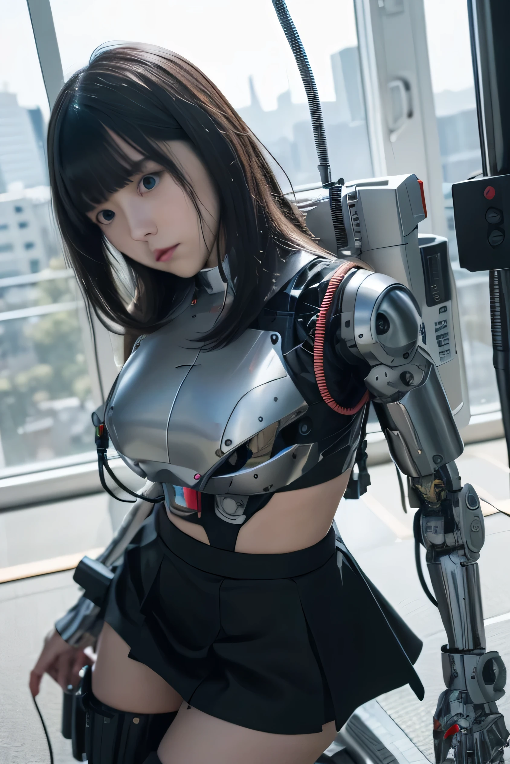 masterpiece, best quality, extremely detailed, Japaese android girl,Plump , control panels,android,Droid,Mechanical Hand, Robot arms and legs, Black hair,Blunt bangs,perfect robot girl,long tube,thick cable connected her neck,android,robot,humanoid,cyborg,japanese cyborg girl ,future laboratory,connecting a cable between the legs,skirt, high socks,blue eyes,hypnosis,blank eyes