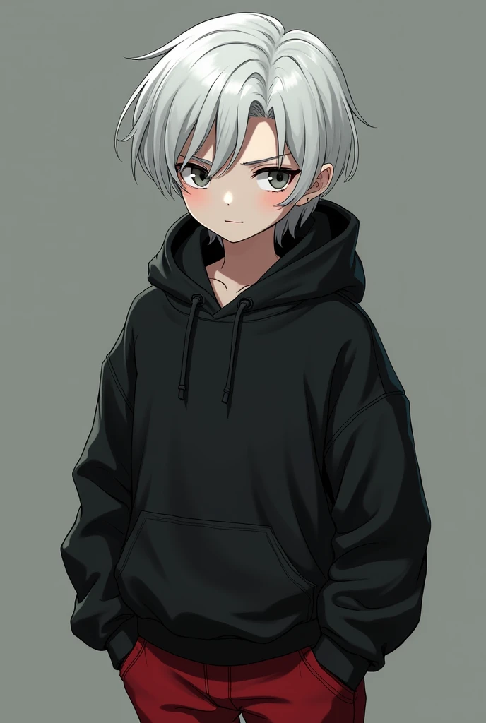 Albino boy with black sweatshirt with red skinny jeans black and red anime style boots