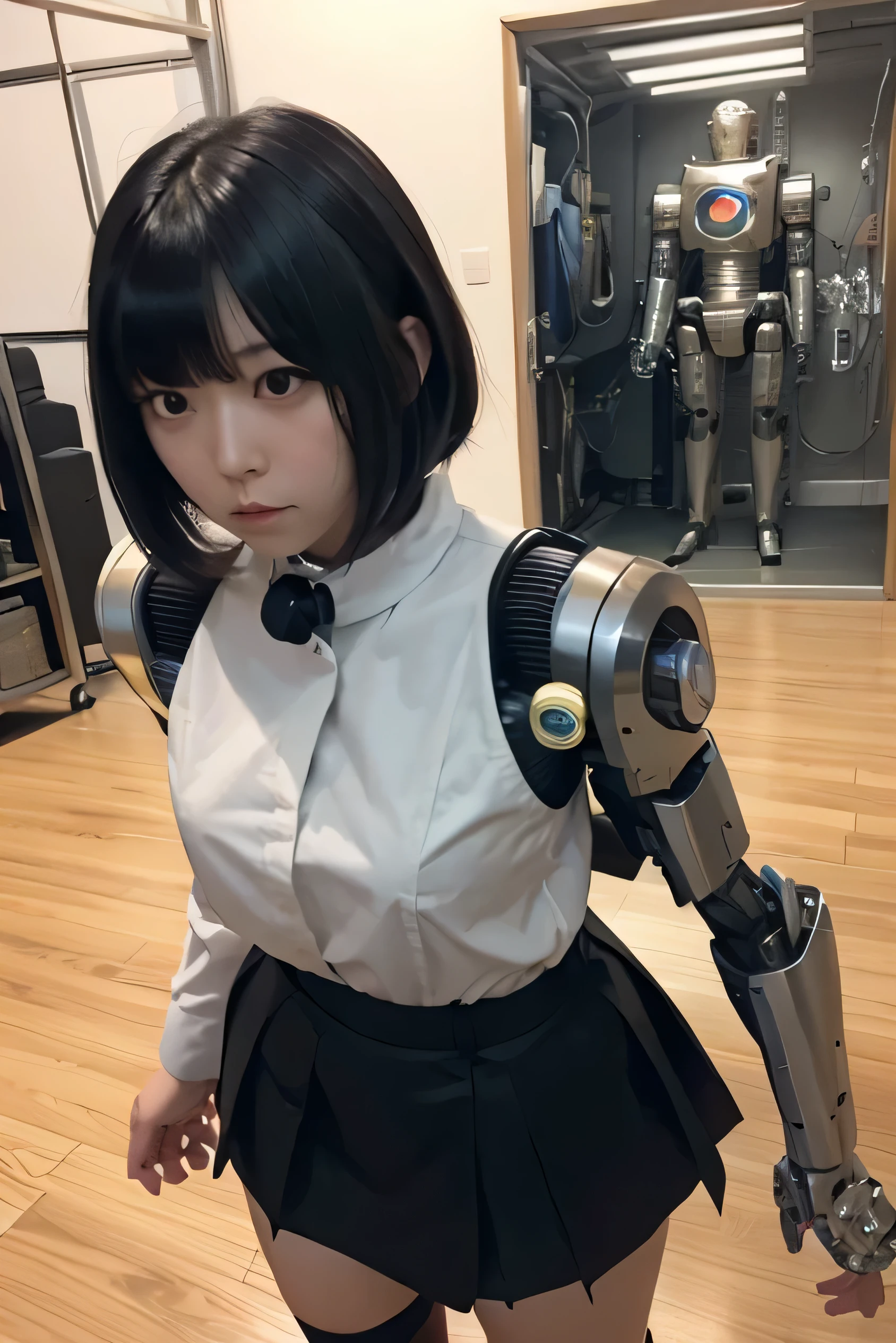 masterpiece, best quality, extremely detailed, Japaese android girl,Plump , control panels,android,Droid,Mechanical Hand, Robot arms and legs, Black hair,Blunt bangs,perfect robot girl,long tube,thick cable connected her neck,android,robot,humanoid,cyborg,japanese cyborg girl ,future laboratory,connecting a cable between the legs,skirt, high socks,hypnosis,blank eyes