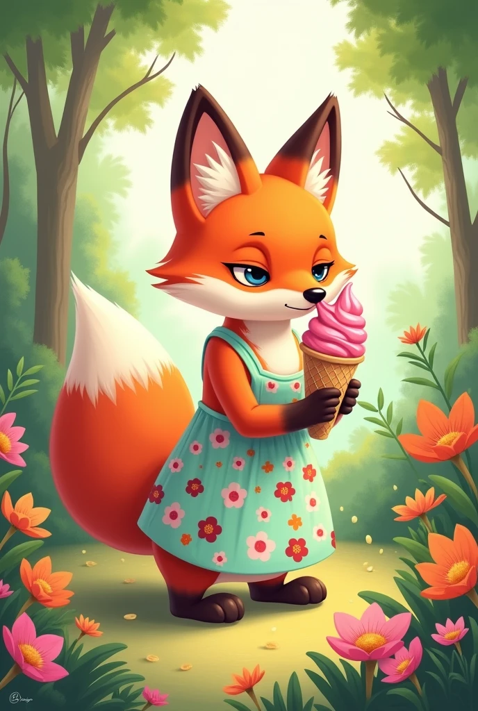 A fox in a summer dress licking an ice cream 
