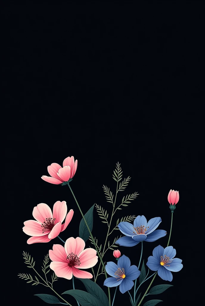 Create a minimalist wallpaper with a black background, with the flowers, cherry blossom, blue or purple hydrangea, Angelica