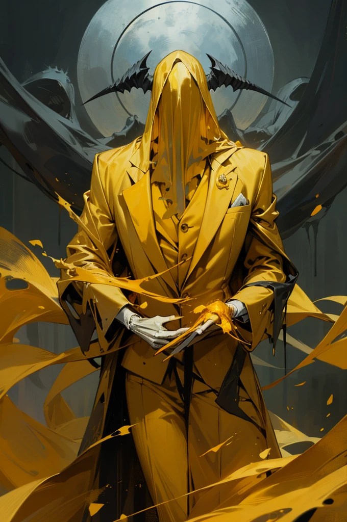 a demon, charcoal-black skin, gaunt, very slender/lanky, long boney fingers, very boney physique, deep yellow veil covering face, very thick veil, veil covering eyes and mouth, veil obscuring face completely, no visible face, mischievous body language, skeletal body, dry gaunt hands, arms held in front, golden-yellow tuxedo, golden-yellow business suit, deep yellow suit jacket
