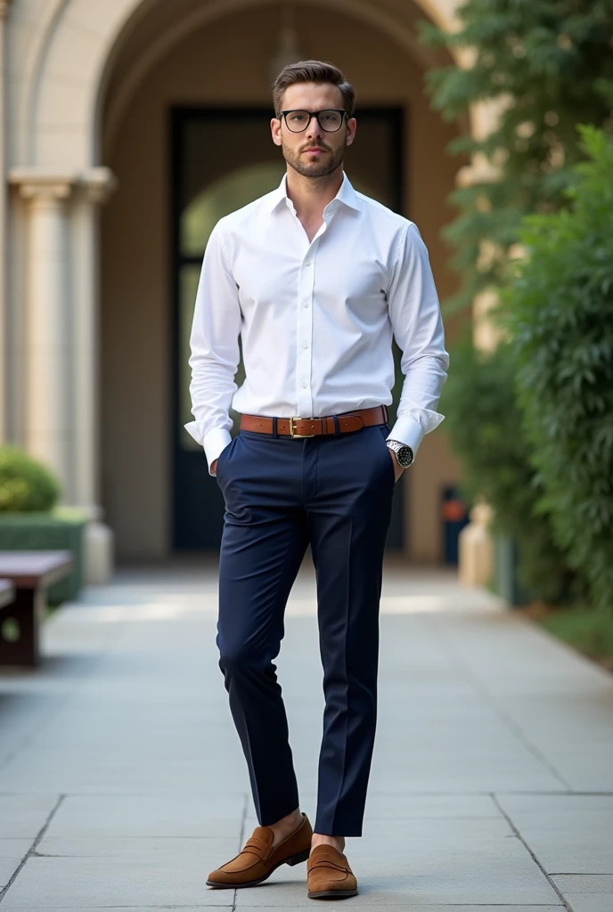 Create a graduation look with a white dress shirt tucked into navy blue tailored pants, brown suede loafer and belt in the same color as the loafer and silver watch