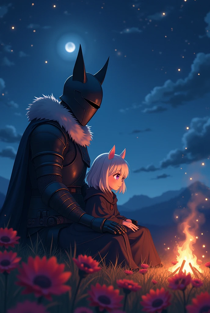 A knight in dark medieval adventurer armor, the knight also wears a dark medieval helmet which covers his entire face while he also wears a cape made of wolf fur which he uses to keep his wife warm., He is tall and in a field of red flowers as he admires sitting in front of his campfire in the middle of the light of the stars and the moon next to his beloved cute anime half-demon wife sitting next to him with white hair and bright purple eyes who is wearing a dark and fluffy medieval cloak as clothing while the knight caresses his head with one of his hands (make them both face the camera so I can see the knight from the front)
((Make image with anime art style))