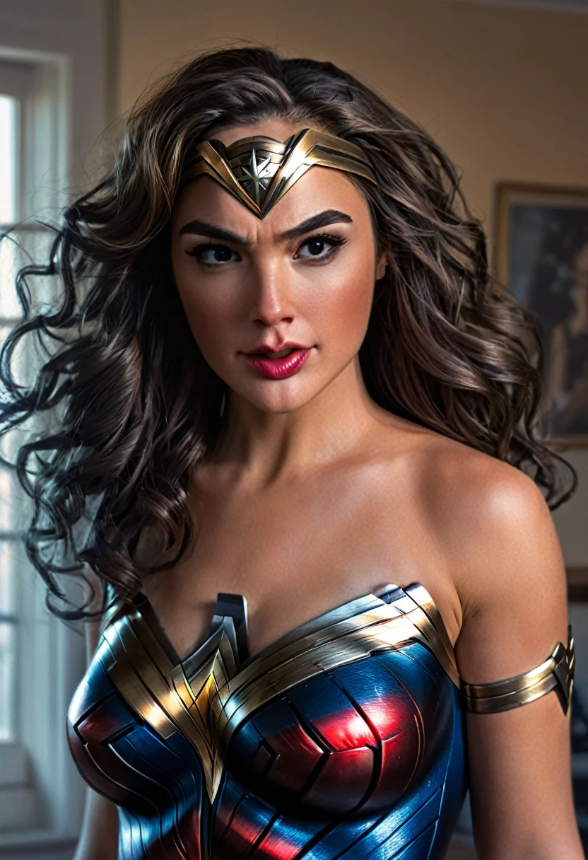 Photographic portrait of Wonder Woman, Sexy, wavy-haired superheroine, by artgerm, in the style of realism, glowing skin, Cartoon, mangacore, natural lighting, Defined full lips. Female body fitness muscle (domino mask) (back view)