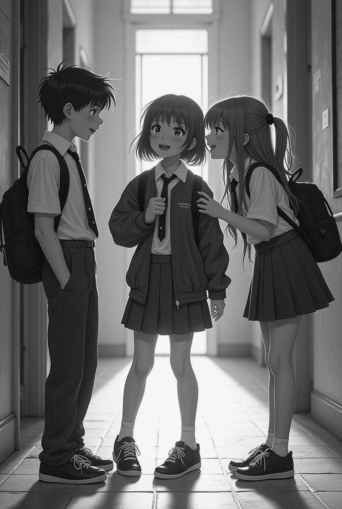 three 2 female teenagers at school and two of them playfully teasing, laughing at one of them with a boy, old black and white image