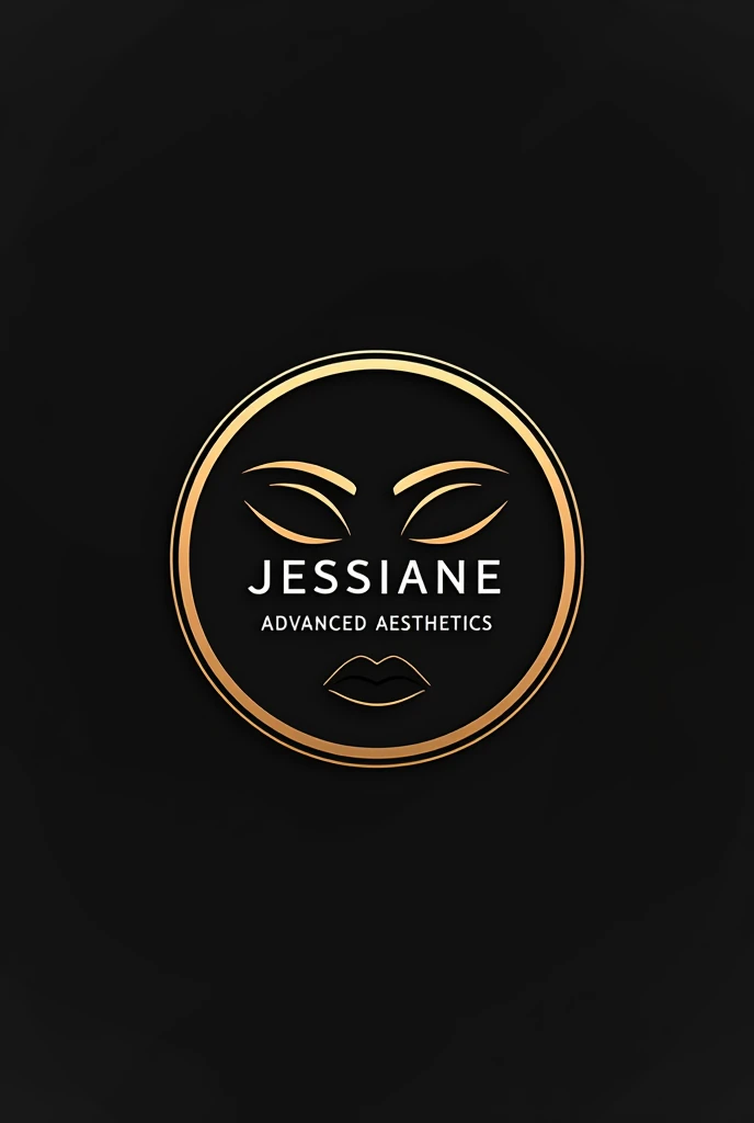 Create a clinic logo with the name Jessiane Advanced Aesthetics inside a black piano circle on the facade in the shape of a face with a golden frame