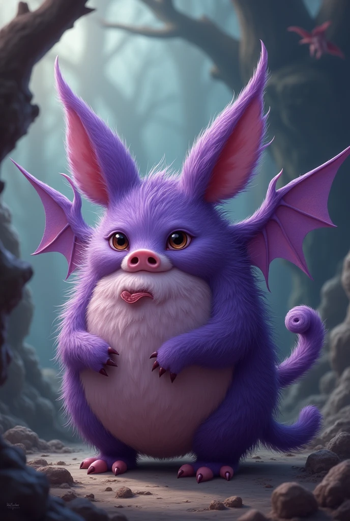Purple ball, hairy, with wings, two legs, two cat ears, pig's tail and four eyes