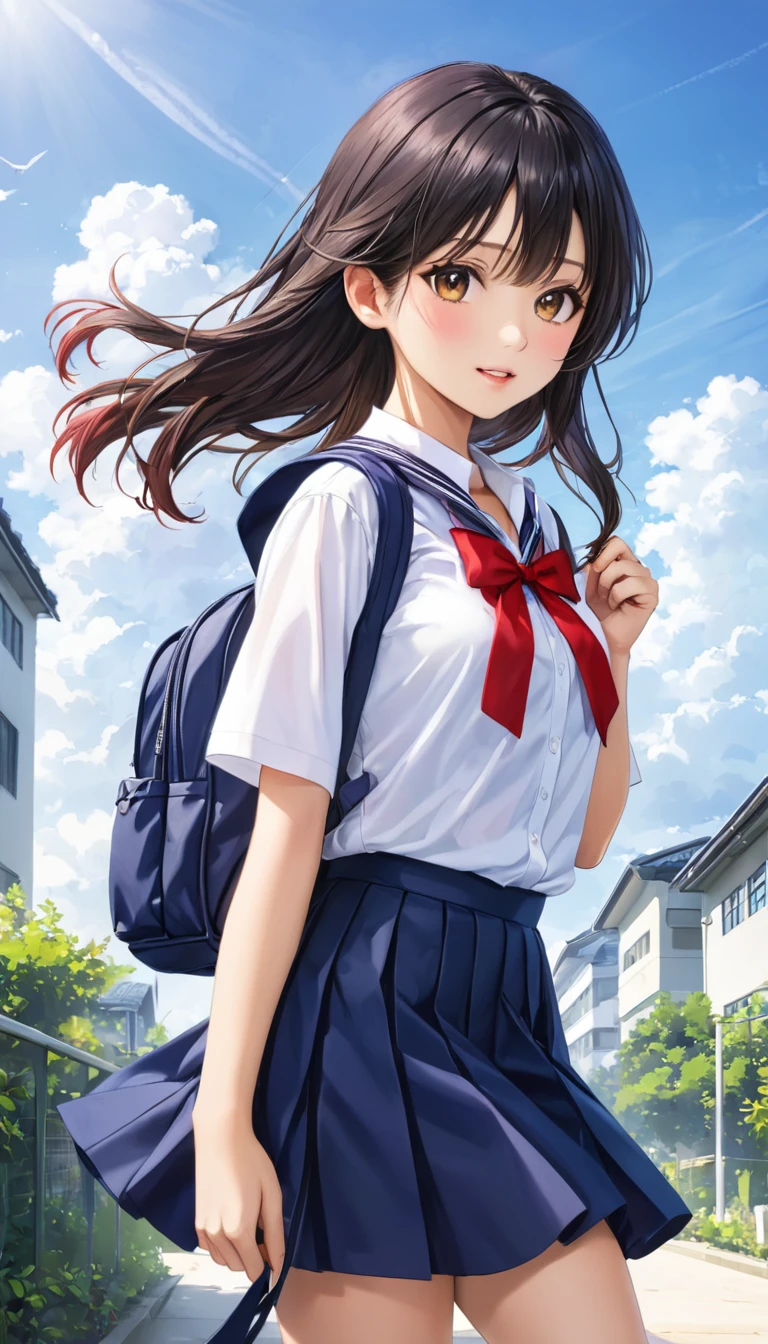  Photo quality、4K、woman，Dark blue high school uniform、whiteいシャツ、Red ribbon、Navy blue school bag、通学Wind景、School、white，art，advertisement，Colored pencil drawing，draft 、Summer Girl、Wind、whiteいレースのパンツがWindで見える、手持ちのNavy blue school bag、Schoolbag