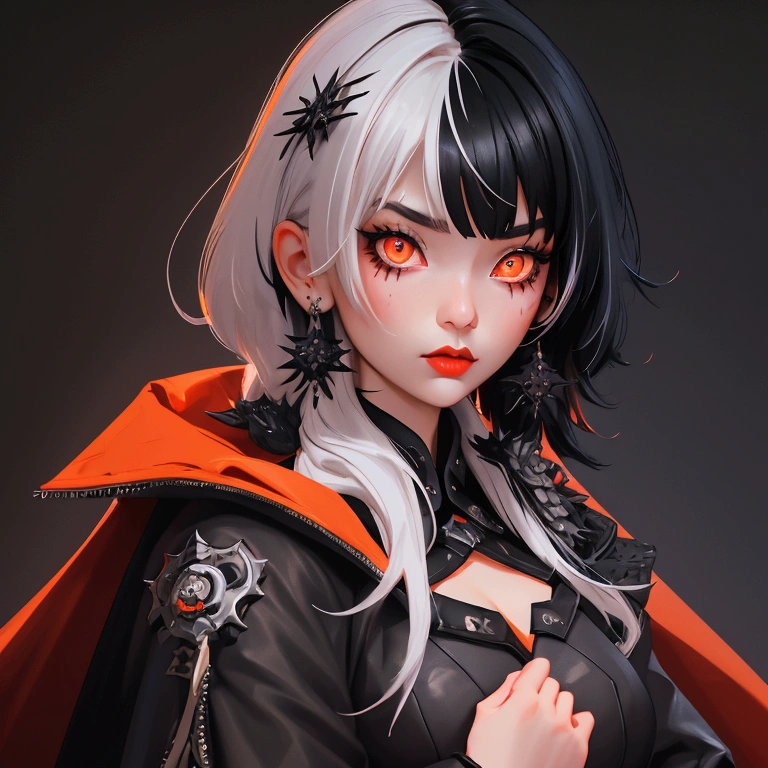 envision a 8k, highres, cinematic, close up beautiful portrait of a short girl named Shiori Novella with long black and white hair with hair ornaments, orange eyes, wearing a goth military Lolita dress and red cape against a dark background