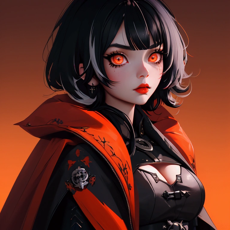 envision a 8k, highres, cinematic, close up beautiful portrait of a short girl named Shiori Novella with long black and white hair with hair ornaments, orange eyes, wearing a goth military ta dress and red cape against a dark background