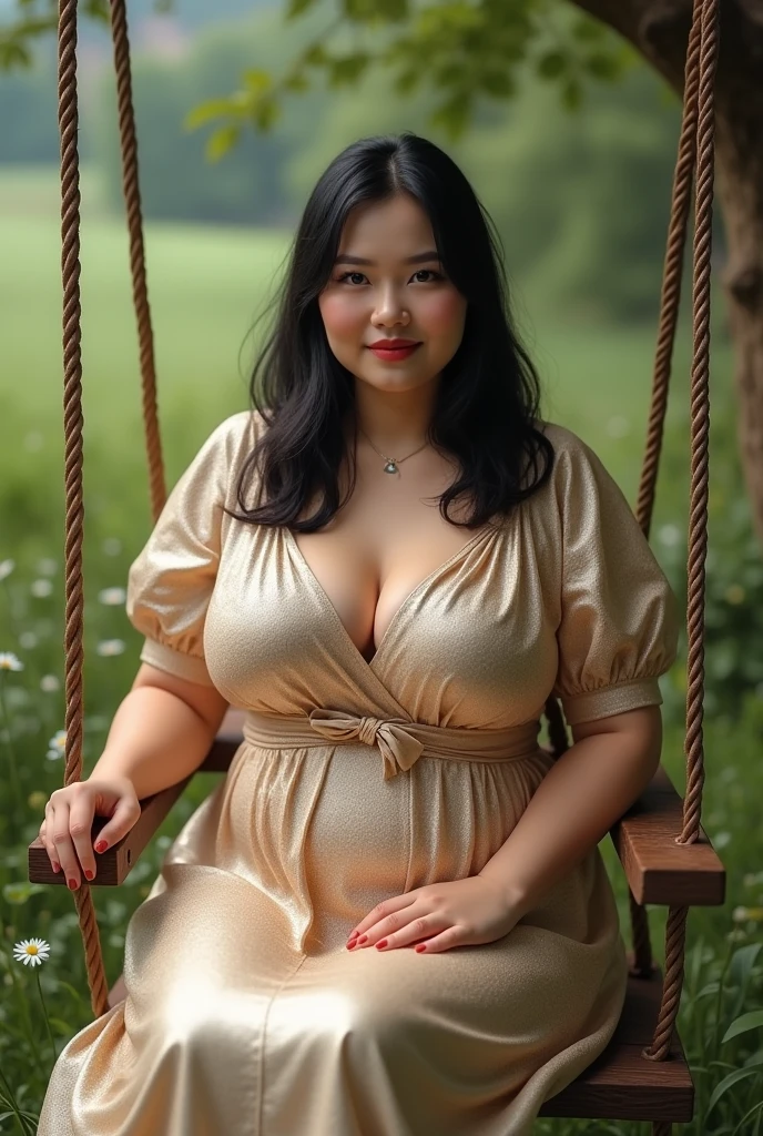 woman, shoulder-length straight black hair, medium bust, plump, wide hips, shiny elegant dress, sitting on a swing, looking at the camera, photorealistic