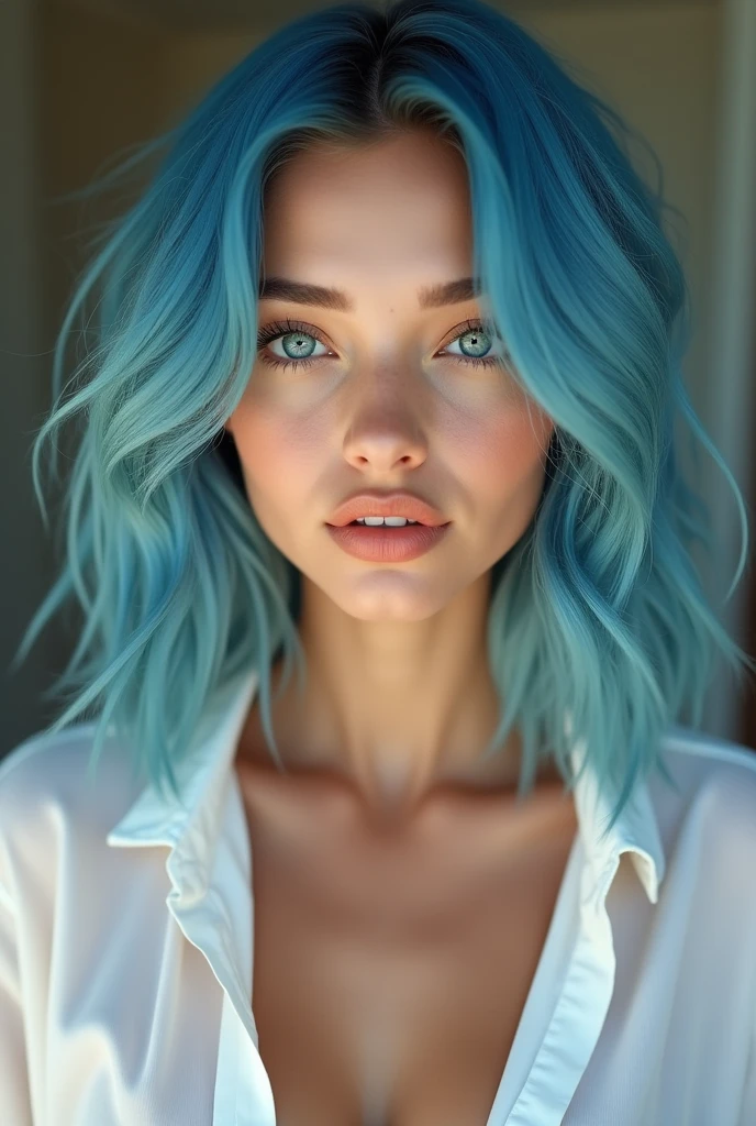 a one woman, white, with blue hair, vestindo uma camisa white aberta, with a close-up capturing the harmonious beauty between her breasts, showing off your natural charm and outgoing personality.