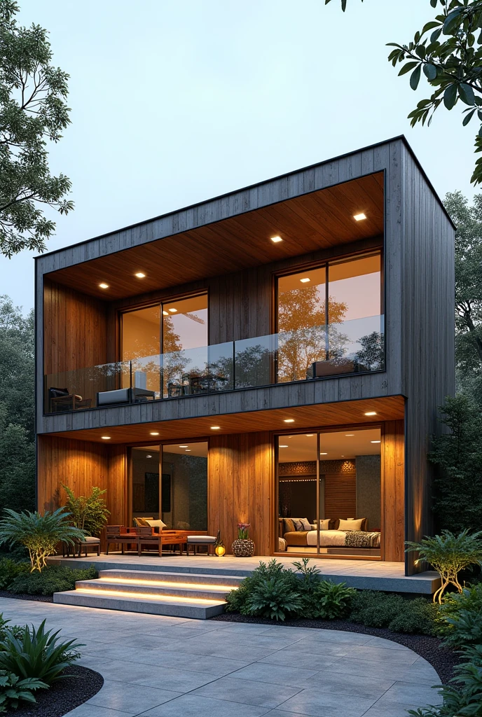 Make a house and its floor plan, based on the following information: ● ground 33,5 x 12 (402 m²)
● 3 bedrooms (1 suite)
● large kitchen (The most important)
● 1 office ● closed garage/protected/covered (that can accommodate at least 2 cars)
● sloping terrain ● you can take advantage of the slope of the terrain to create a leisure area, games room or a playroom ● have a wall on the sides ● space for cats on the wall (cattery for street cats)
● 2 bathrooms, 1 in the bedroom ● 1 toilet in the office ● lots of lighting ● no pool, his wife has a phobia of water ● prefers more rustic and conventional houses, the wife prefers more modern houses ● it has to be a walled house for comfort and security ● likes kitchen islands ● hates glass ● likes wood finishes ● likes entrances with plants
