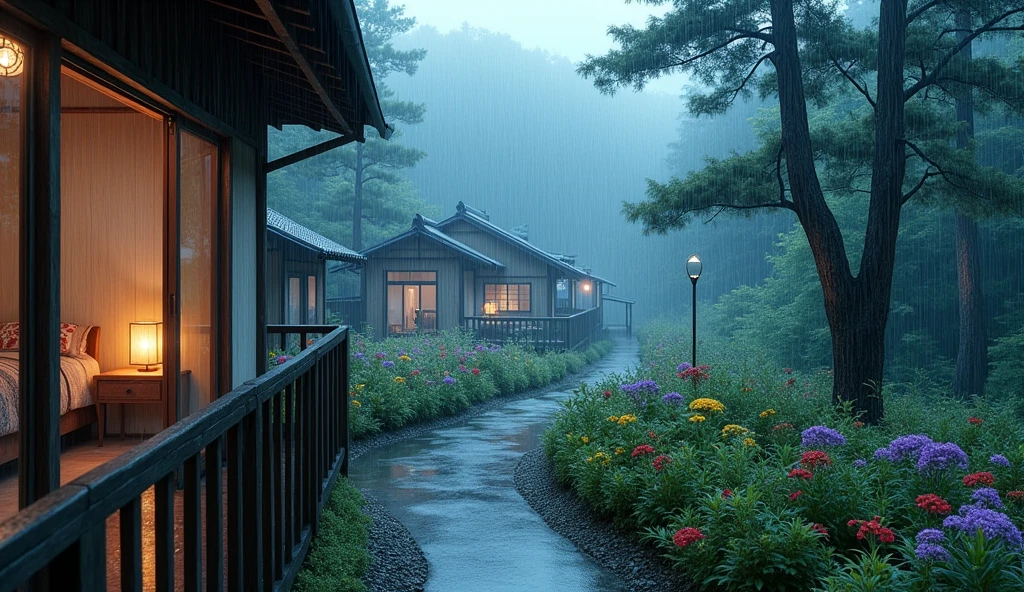  house on wet street with balcony overlooking outside in village, clear glass window, Shirakawa-go, Japan, rainy environment, (((FHD))) (((high definition))), green garden, trees, rainy day, lights, pine, night ambience,  lights cozy in the rain, lush japanese landscape, japanese house, rain, fog, , ultra-fine photography, realistic, realistic, purple, red, yellow flowers