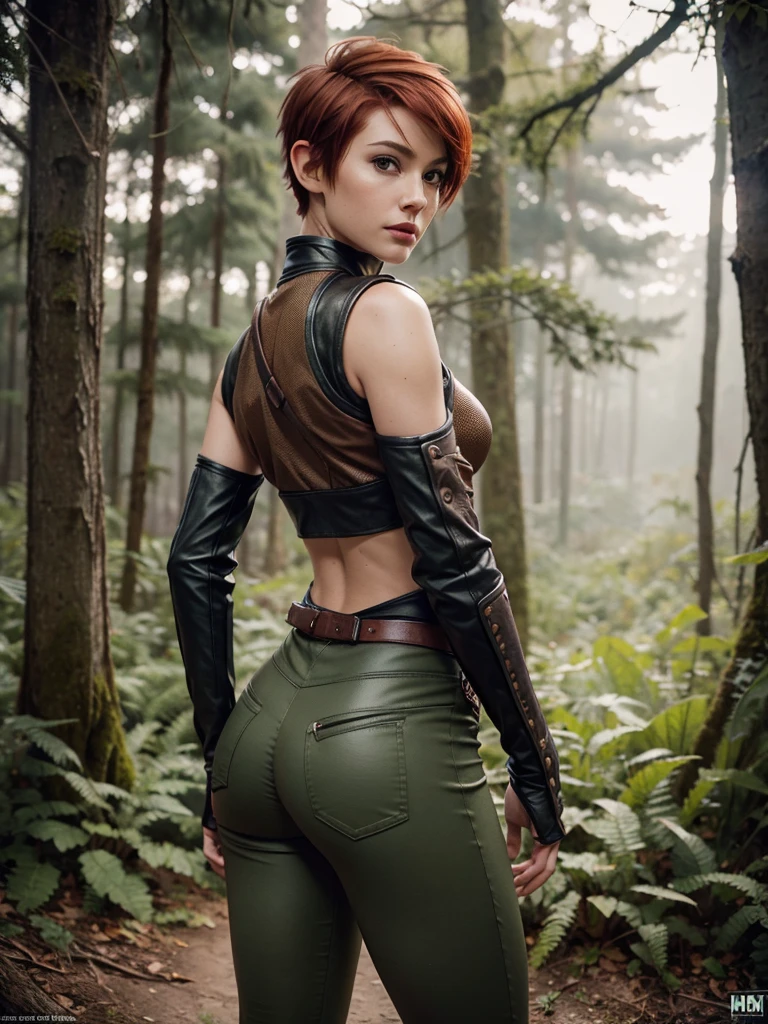 slim feminine figure, redhead, best quality, realistic skin texture, photography, film grain texture and high contrast, extremely high-resolution details, photographic, photorealistic, hyper-realistic, HDR, masterpiece, ((short pixie hair)), dressed up as a hunter from world of warcraft, full hunter armor, a green lust forest in the background, brown pants, a butt, armored shoulder-pads