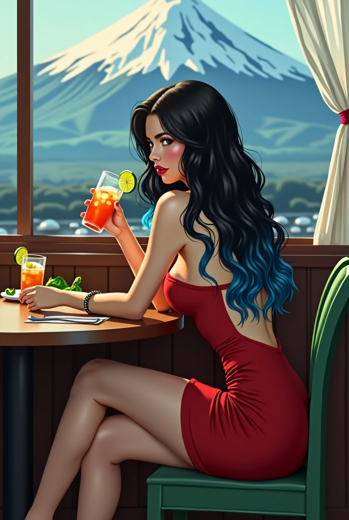 Woman 1.48 m white skin and amber eyes, black hair with blue tips long to the waist wavy, curvy body with big breasts slim legs, red strapless dress and green high heels, sitting drinking iced tea in a small restaurant with mount fuji in the background 