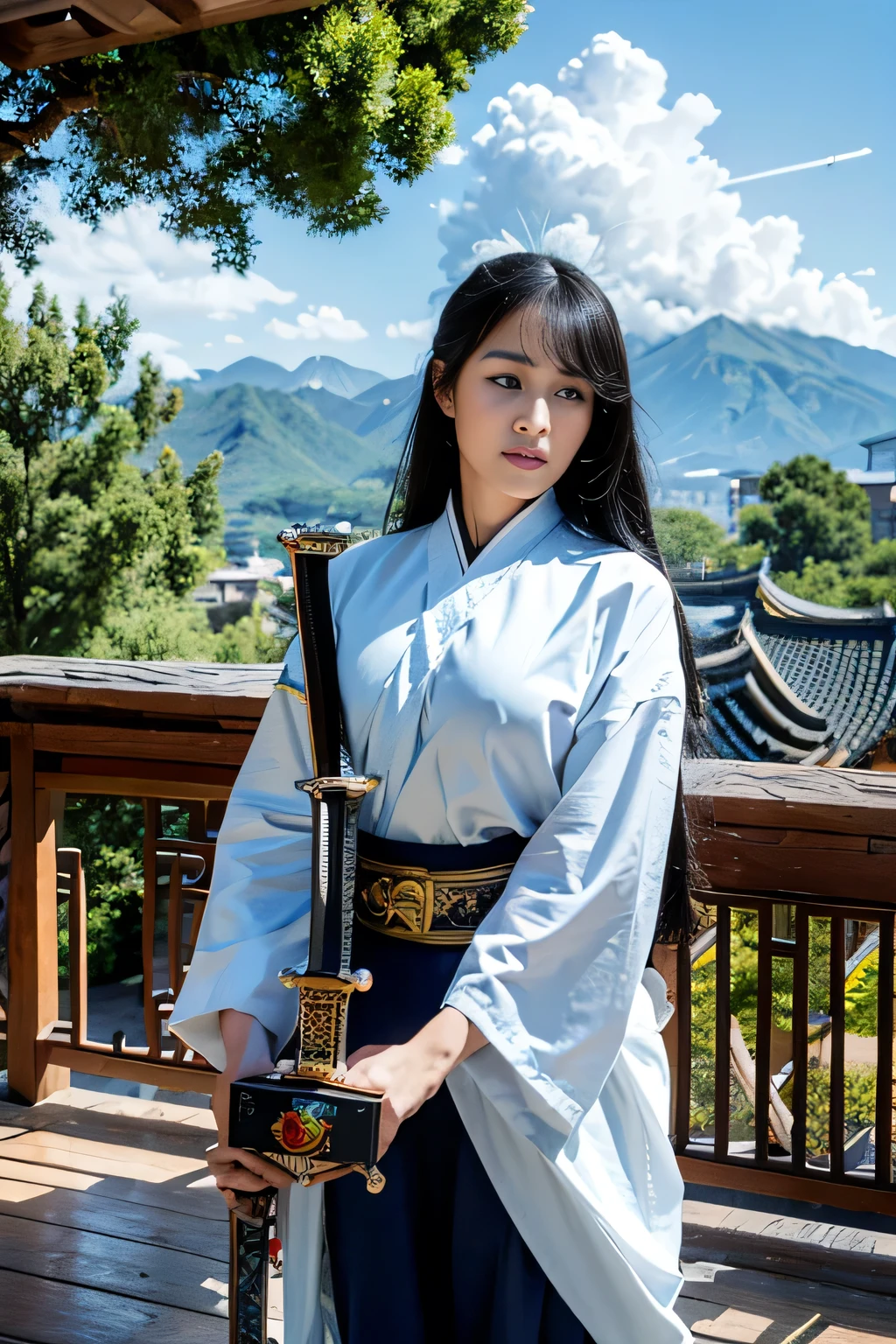 UHD,masterpiece,award winning,best quality,highres,8k,high details,(A woman:1.6),Perfect face,long black hair,Chinese ancient hair accessories,blonde hair accessories,(Face the lens:1.4),(Handheld sword:1.5),Hand-held scabbard,ancient chinese robes,Martial arts,outlaw star,bougu,jump up,There's a dragon behind,Chinese Dragon,Patron saint,The background is mountains and trees,Mountain,Pavilion,pine tree,Bright Sky,white cloud,a cloudy sky,loong,,ancient oriental architecture,ancient chinese architecture,