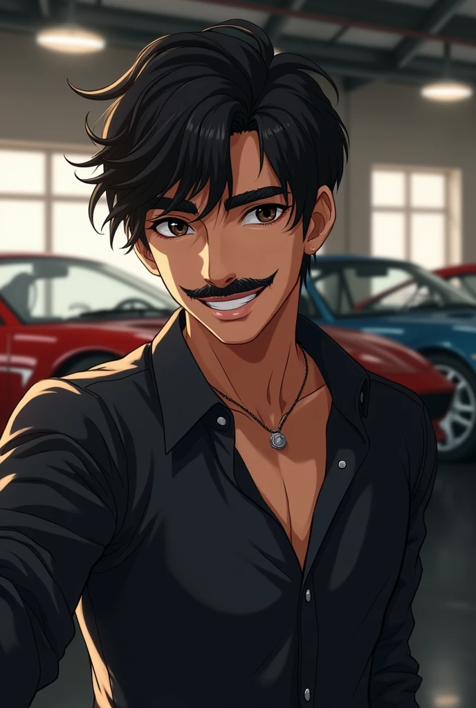 a young man with dark hair and black bangs, Oval face, dark shaped eyes, with a mustache, very stylish in a garage with expensive cars expressing happiness