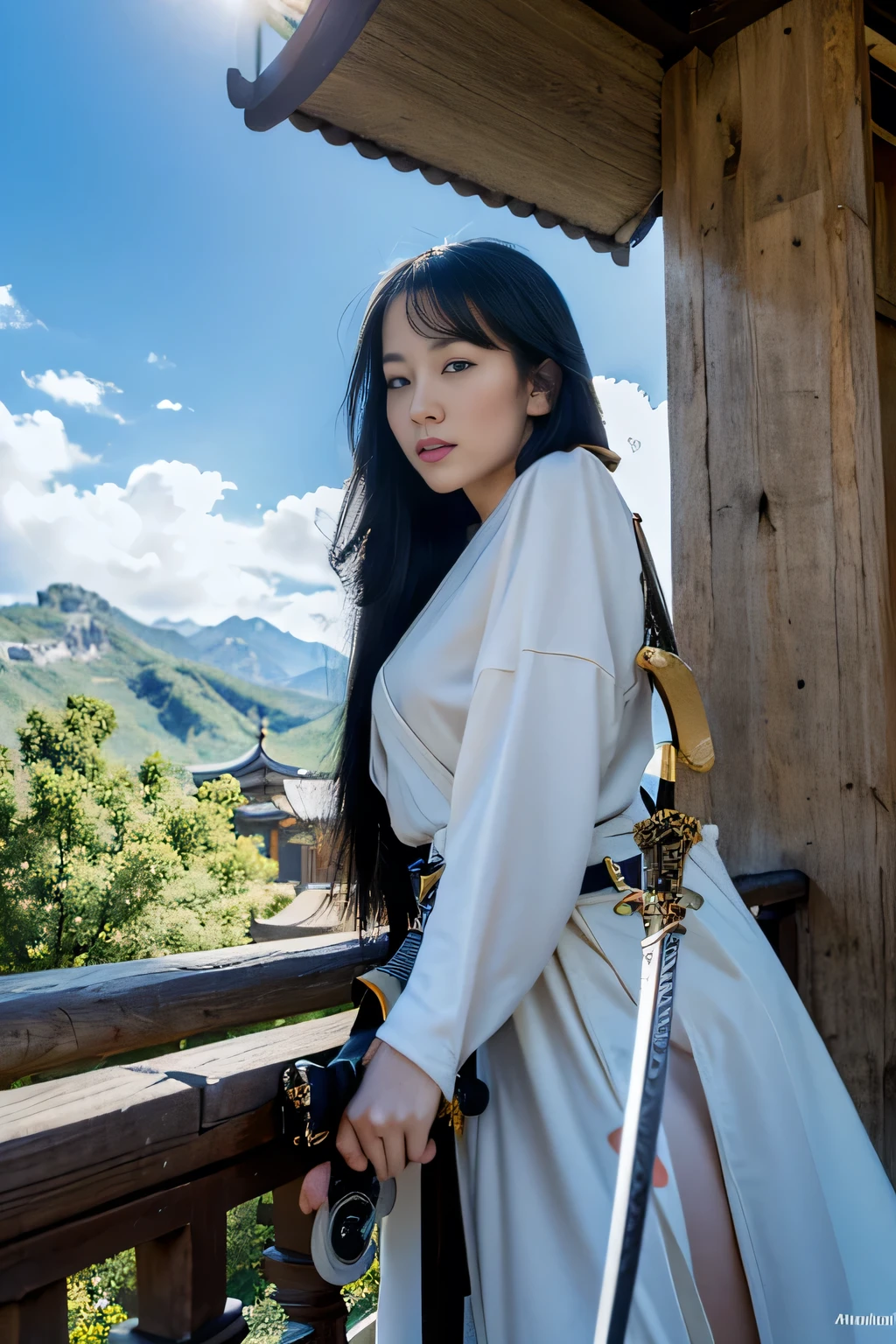 UHD,masterpiece,award winning,best quality,highres,8k,high details,(A woman:1.6),Perfect face,long black hair,Chinese ancient hair accessories,blonde hair accessories,(Face the lens:1.4),(Handheld sword:1.5),Hand-held scabbard,ancient chinese robes,Martial arts,outlaw star,bougu,jump up,There's a dragon behind,Chinese Dragon,Patron saint,The background is mountains and trees,Mountain,Pavilion,pine tree,Bright Sky,white cloud,a cloudy sky,loong,,ancient oriental architecture,ancient chinese architecture,