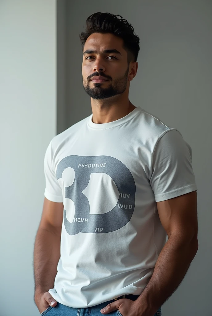 A man makes a good advertisement for the 3DavidRasek company with an inscription on a t-shirt: "Touch your thoughts with 3DavidRasek" the word 3DR in large block letters