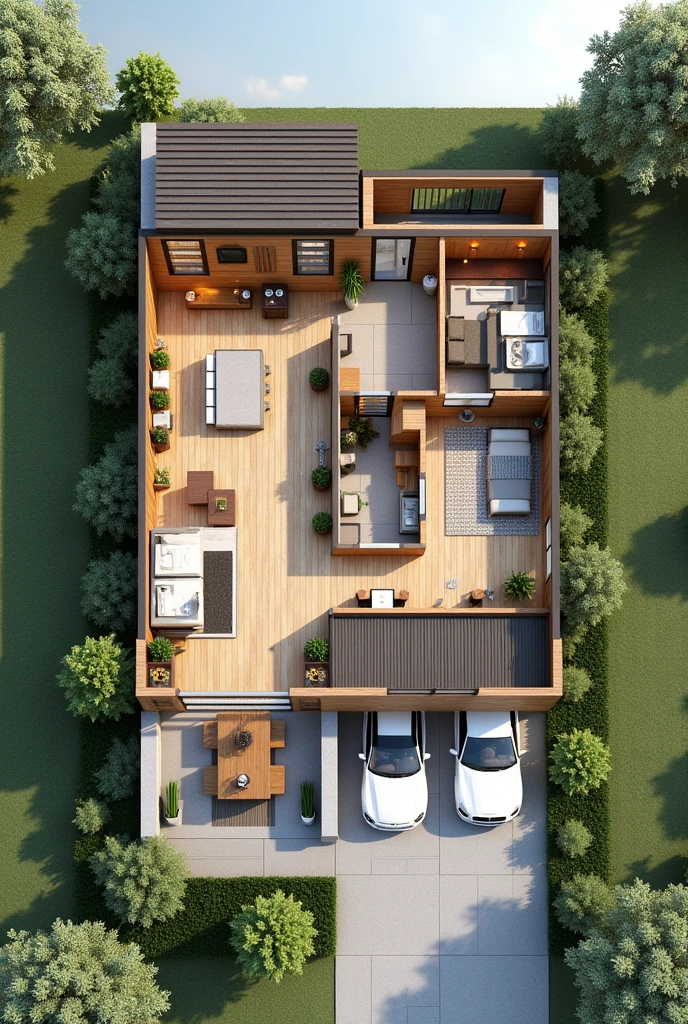 Make a house and its floor plan, based on the following information: ● ground 33,5 x 12 (402 m²)
● 3 bedrooms (1 suite)
● large kitchen (The most important)
● 1 office ● closed garage/protected/covered (that can accommodate at least 2 cars)
● sloping terrain ● you can take advantage of the slope of the terrain to create a leisure area, games room or a playroom ● have a wall on the sides ● space for cats on the wall (cattery for street cats)
● 2 bathrooms, 1 in the bedroom ● 1 toilet in the office ● lots of lighting ● no pool, his wife has a phobia of water ● prefers more rustic and conventional houses, the wife prefers more modern houses ● it has to be a walled house for comfort and security ● likes kitchen islands ● hates glass ● likes wood finishes ● likes entrances with plants