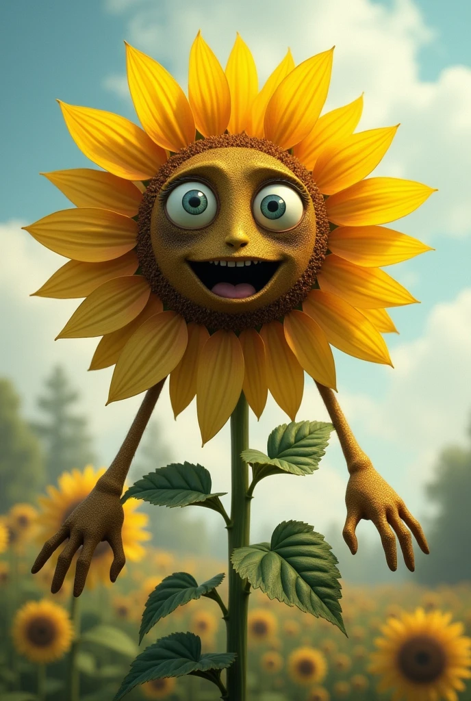 Make me a flower,a sunflower,but the eyes have to be on the petals,In the center there must be a mouth and on the stem long hands
