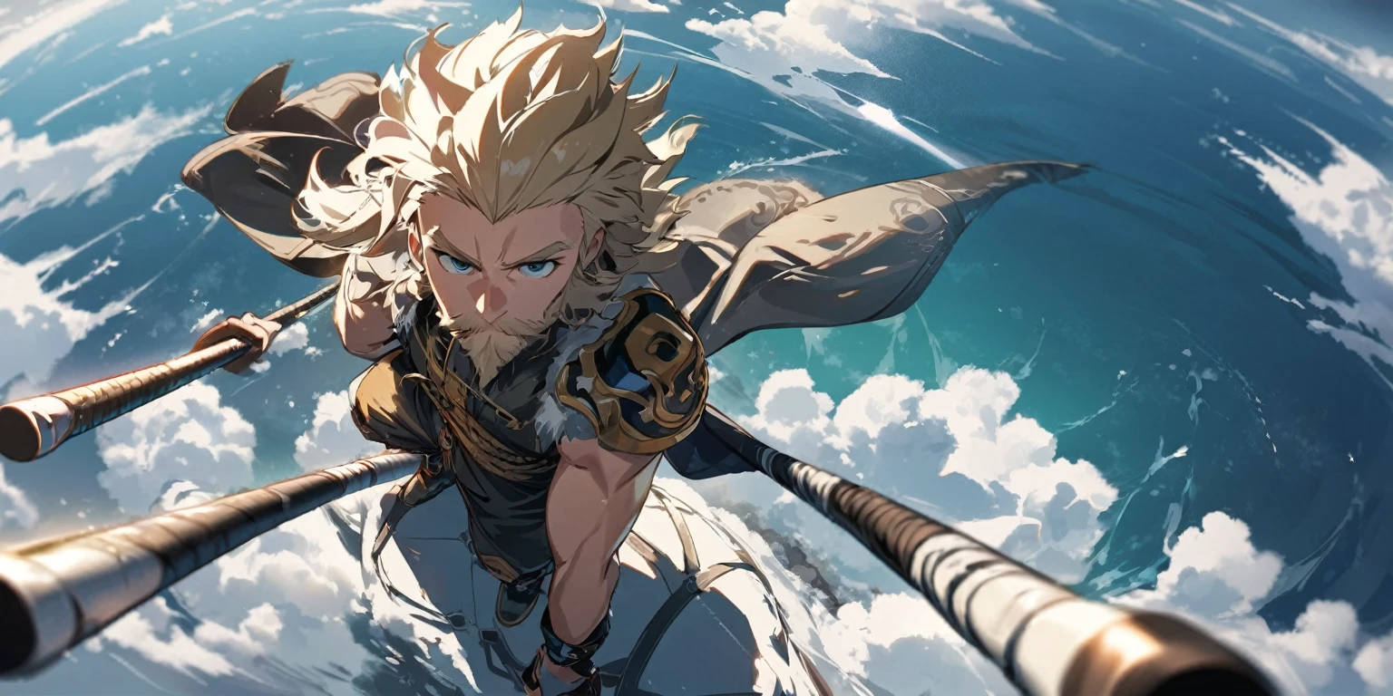 1man, viking wukong, nordic beard, sitting on flying cloud, drom above, high quality, fighting stick, from above, nice perspective, from above, looking at the horizon, splashart