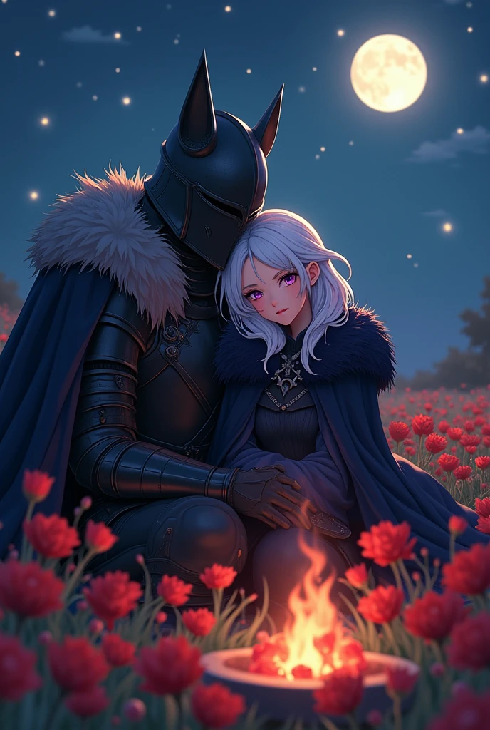 A knight in dark medieval adventurer armor, the knight also wears a dark medieval helmet which covers his entire face while he also wears a cape made of wolf fur which he uses to keep his wife warm., He is tall and in a field of red flowers as he sits in front of his campfire in the middle of the light of the stars and the moon next to his beloved cute anime demon wife sitting next to him with white hair and bright purple eyes who is wearing a dark and fluffy medieval cloak as clothing while the knight caresses his head with one of his hands (make them both face the camera so I can see the knight from the front)
((Make image with anime art style))
