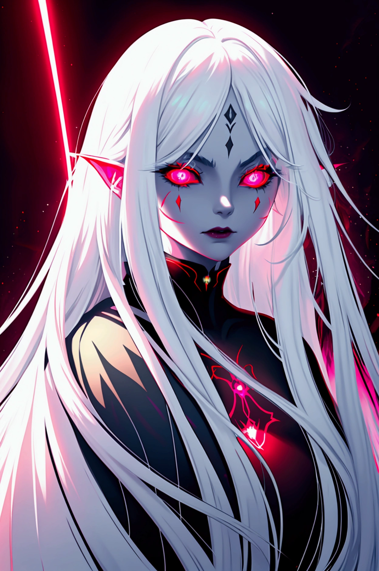 vivid neon lighting, long white hair hair, glowing eyes, red hues, ethereal halo, soft facial features, intense gaze, dark background, smooth textures, anime-inspired, vampiric portrait, radiant glow, otherworldly atmosphere, surrealism, sharp contrasts, minimalistic setting, digital painting