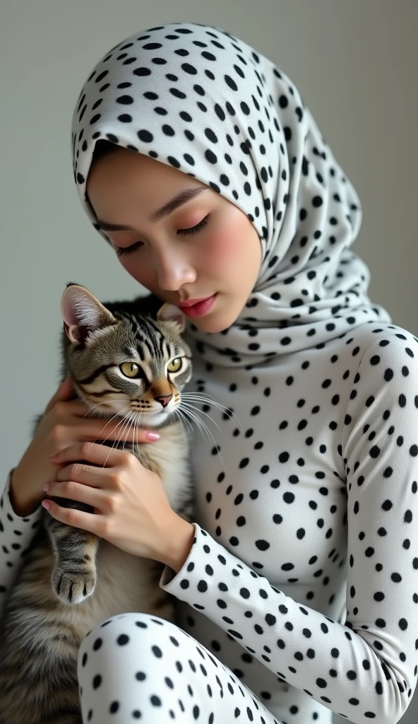 the beautiful,slender thin and prettiest Asian and Malaysian muslimah adult girl with beautiful cheeks wears white leopard print lycra turtleneck unitard catsuit covered with black seamless spots and always wear white leopard print lycra elastane stretchy dance wear hijab covered with black seamless spots.She hugs her pet shorthair cat.