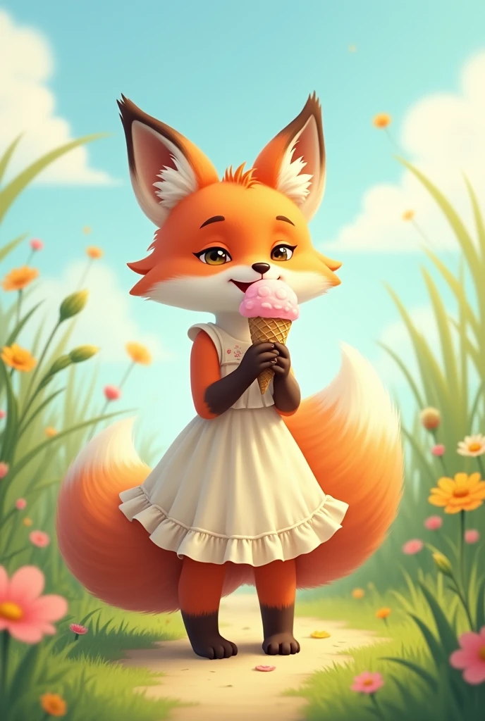 A fox in a summer dress licking an ice cream on a summer background, realisitic