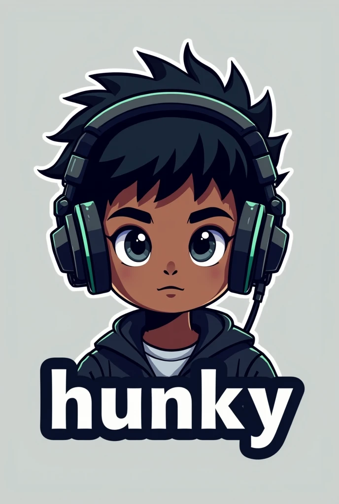 Create a logo of a black-haired boy who is dark-skinned and has gamer headphones and underneath it says &quot;hunky&quot;