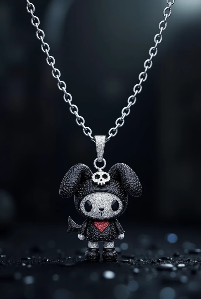 A Cuban-style chain necklace with a pendant featuring Kuromi is a fictional character. She is a naughty and slightly rebellious bunny who is part of the My Melody universe.. Kuromi has a unique appearance with a black hood with a skull design and a black demon tail.. His birthday is on October 31st, and Halloween.
 Kuromi is known for her tomboy attitude and punk style.. Made of diamonds, diamond scraps facing forward.