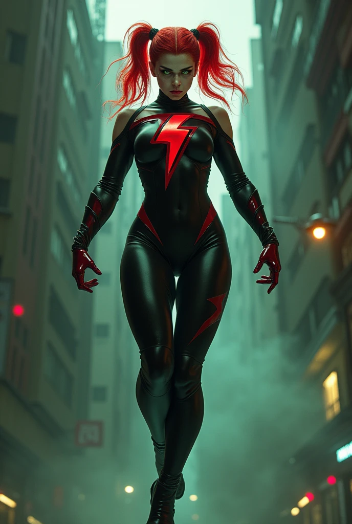 Night is a supervillain with bright red hair in puffy pigtails, green eyes, long lashes, freckles, and a strong jaw, she wears a black leotard with long sleeves and a red lightning bolt on her chest, long black boots and long red gloves, and a black domino mask, bare legs. She has a muscular but feminine physique exuding great strength as well as beauty. show her hovering in mid air with her feet off the ground and her arms folded in a confident pose, looking down at the camera with a serious expression, the view should be from below looking up at her, with a full body view.