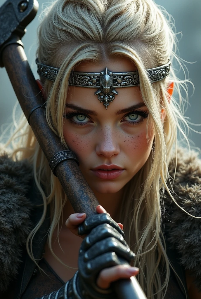 Viking warrior face with axe in hand, blue colored eyes, pretty, blonde, viking makeup, gun close to the face, head ornament