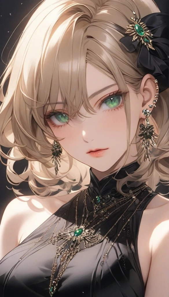 high resolution, Masterpiece, Anatomically correct, precise, qualityที่ดีที่สุด, quality, 1 woman, Age 25 years,Medium length hair, light brown hair,emerald eyes, Uneven hairstyles, big breasts, earring, Dark makeup, A cold expression simple background, Close-up , Anime style, Wearing a black dress,luxurious,Wealth,millionaire,The body looks mature,เครื่องแต่งกายluxurious, Sharp eye