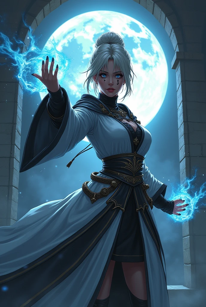 Imagine a black woman, appearing full body, with short, light-colored hair tied up, with a tattoo of black vertical lines on his face, similar to Mel Medarda from Arcane, with silver colored arcane robes with black and blue details, with a malignant expression, doing a magic casting pose, in a medieval fantasy setting with the full moon in the background, in steampunk style anime drawing