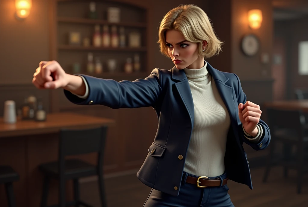 Side view, (( Action pose, straight punch:1.3)),(4 fingers and 1thumb), action cinema, action scene, Full body, solon, Actress of 007 , in Pub , (1 Scottish woman , 30 age old ,(gold hair, short cut, serious, glare at man), ((wearing Navy Blue blazer jacket, white turtleneck sweater, Navy Blue pants, leather black belt, brown shoes :1.5)) , ((super detail, high details, high quality, accurate, anatomically correct, textured skin, beautiful fingers super detail, high details, high quality, best quality))